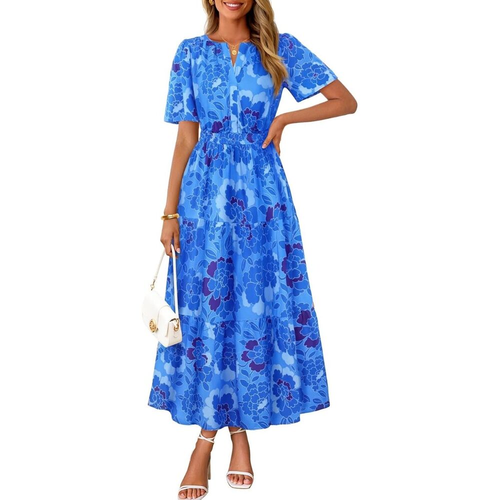 Women's Summer Casual Floral Boho Short Sleeve Maxi Beach Vacation Dresses